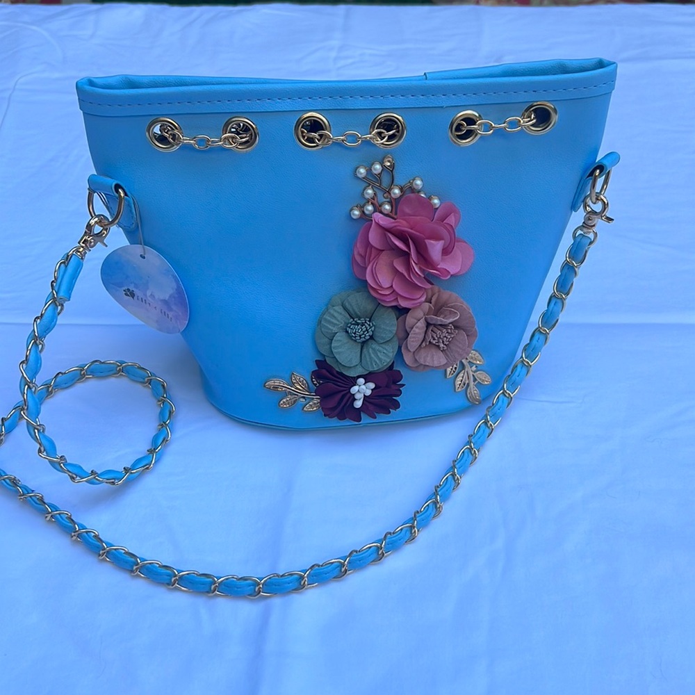 Blue and Gold Floral Hand Bag Purse, summer or occasion accessory